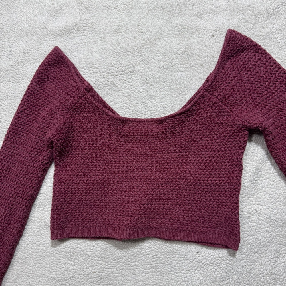 FP‎ Beach Sweater Womens XS Burgundy Long Sleeve Knit Crop Pullover Boho Stretch - Picture 10 of 14